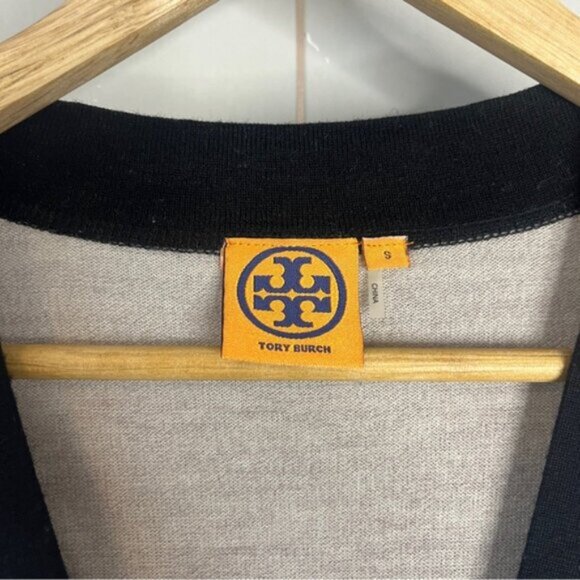 Tory Burch 100% Merino Wool Boyfriend Cardigan Black Beige - Picture 5 of 7